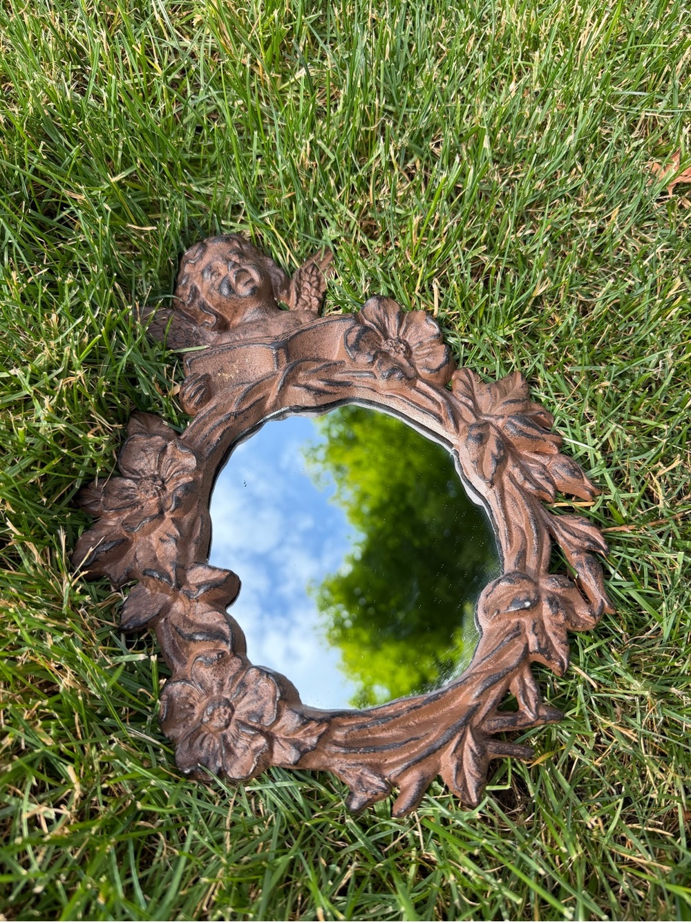 Cast Iron Cherub with Flowers- Mirror